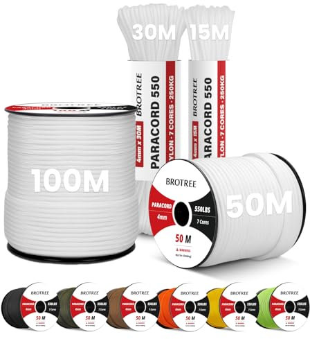 Brotree 4mm Paracord 550 50M 100% Nylon Rope 7 Strands Type III Parachute Cord for Outdoor and DIY - 250kg Breaking Load (White)
