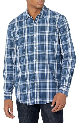 Amazon Essentials Men's Regular-Fit Long-Sleeve Casual Poplin Shirt, Navy Medium Plaid, L