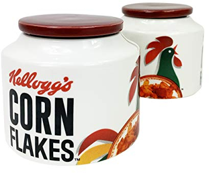 Kellogg's Porzellanbehälter für Zucker, Tee und Kaffee, Vorratsdose aus Keramik, mit luftdichtem Deckel, Retro-Maisflocken, Vintage-Design, ideale Zuckerdose für die Küche