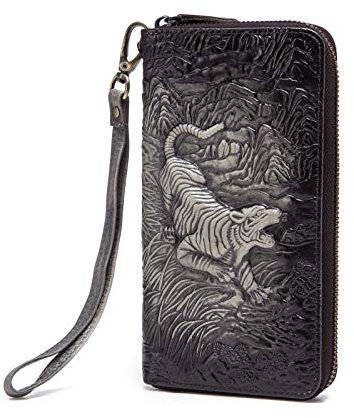 Le'aokuu Hommes Bourse en Cuir Véritable Portefeuille Fermeture éclair Porte-Monnaie vec Porte Cartes Poche à Monnaie Sac à Main (1016 Tigre Noir)