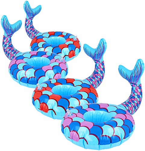 com-four® 4X Aufblasbare Getränkehalter zum Aufpusten im coolen Meerjungfrau-Design [Farbauswahl variiert] (04 Stück - Meerjungfrau)