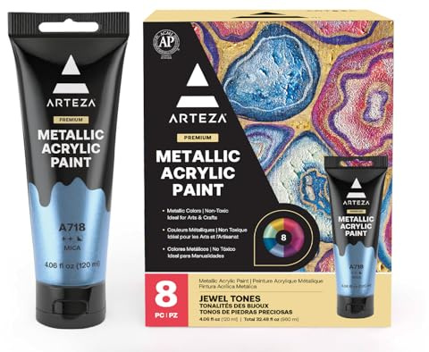 ARTEZA Metallic Acrylic Paint, 8 Jewel Colors, 4.06 oz Tubes For Painting