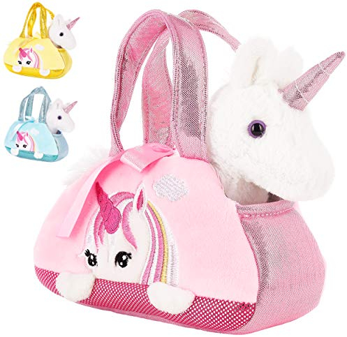 BRUBAKER Einhorn Tasche Weiß - 20 cm - Plüschtier in Handtasche - Plüsch Stofftier Kuscheltier - Rosa