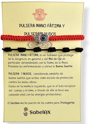 SabelAX - Bracciale 7 nodi Rosso - Bracciale Mano di Fatima Occhio Turco - Bracciale Filo Rosso - Amuleto Male Occhio - Amuleti di Buona Fortuna - Donna, Uomo, Coppie - Kabbalah, Filo