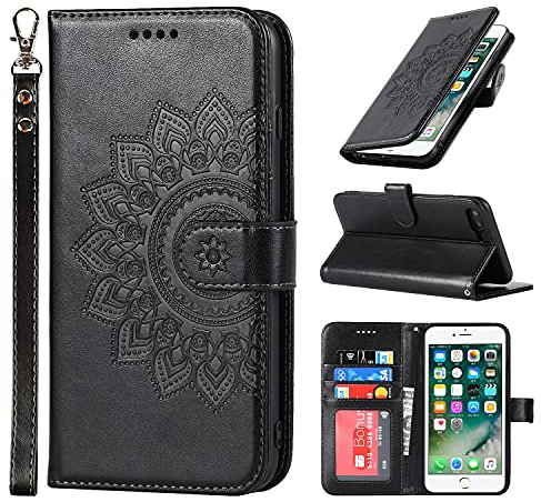 ELTEKER Coque pour iPhone 7 Plus/8 Plus, Étui Portefeuille en Cuir PU avec Fentes pour Cartes, Fermeture Magnétique, Protection - Noir