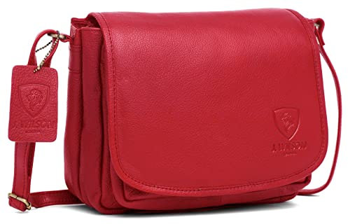 J. Wilson London - Designer-Umhängetasche aus echtem Used-Look, Retro, Vintage, Jägerleder, handgefertigt, für Damen, Unisex, Überschlagtasche, für den Alltag, rot, Medium