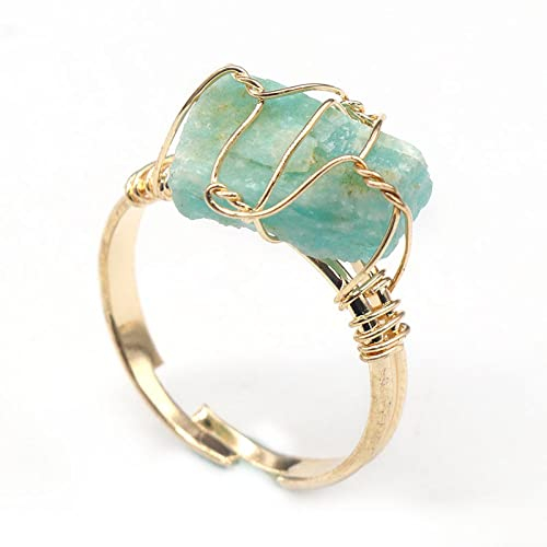 HGJH Natürlicher Amazonit-Ring Unregelmäßiger Rauer Kristall Goldener Ring Verstellbar Offene Steinringe Für Frauen Reiki-Balance Knöchel-Fingerringe Für Frauen Mädchen Männer