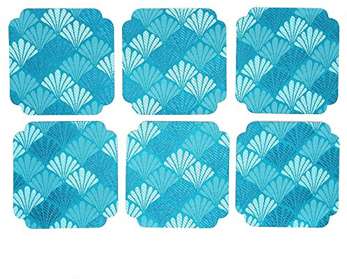 Lot de 6 Sous-verres pour Boissons, Sous-verre en Tissu Brocart Résistant à la Chaleur, Tapis Antidérapant pour Ustensiles de Cuisine(6 Flabellum bleu d'eau)
