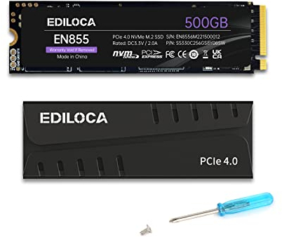 Ediloca EN855 Interne Gaming SSD mit Kühlkörper, 500 GB PCIe Gen4, NVMe M.2 2280, bis zu 7400 MB/s, Internes Solid State Drive, DRAM-Cache konfigurieren, kompatibel mit PS5 und PC