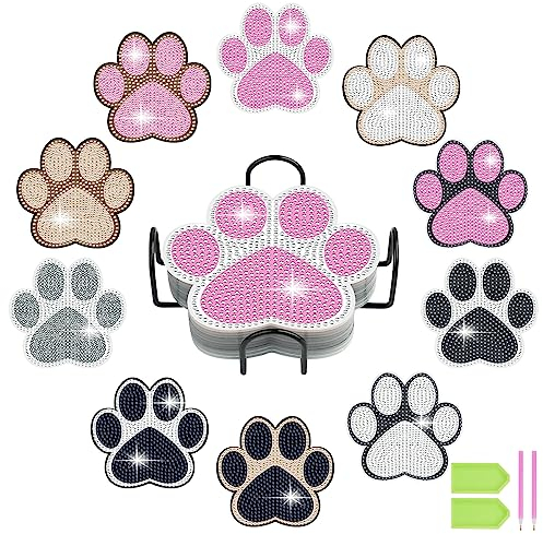AUAUY 10 Pack Diamant-Maluntersetzer mit Ständer, Katzen-Fußabdruckmuster Diamond Painting Untersetzer Diamant Malset, DIY Diamant Kunsthandwerkszubehör für Anfänger, Erwachsene und Kinder Geburtstag
