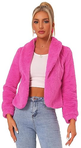 Allegra K Women's Halloween Costume 2025 Fasion Winter Cropped Jacket Lapel Long Sleeve Faux Fur Fluffy Coat Hot Pink l