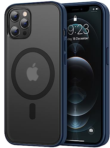 TENDLIN Magnetic Case Compatible with iPhone 12 Case/iPhone 12 Pro Case[Compatible with MagSafe] Translucent Matte Hard Back with Soft Silicone Bumper Comfortable Case (Blue)
