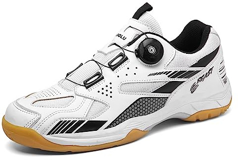 NGARY Men's Badminton Shoes with Rotate Button Indoor Outdoor Sports Shoes for Volleyball Pickleball Squash Tennis,White,8 UK