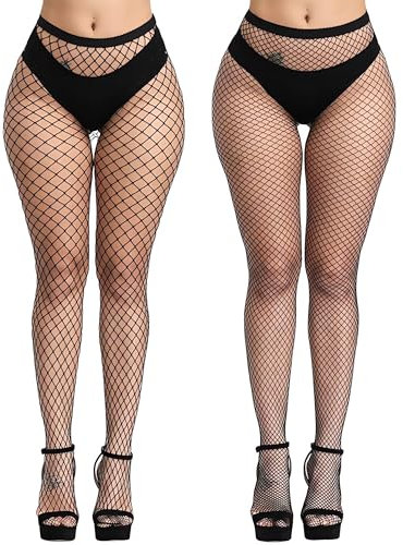 KLONKEE 2 Piezas Medias Rejilla Mujer, Medias de Rejilla Negras de Cintura Alta, Medias Malla Pantimedias Elástico, Sexy Medias Para Mujer, Negro