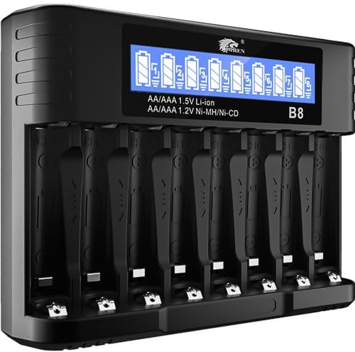 IMREN Caricabatterie AA AAA, 8 Slot per Batterie NiMH/NiCD 1.5V al litio AA AAA, Caricatore Rapido di Batterie AA AAA 5V 2A Type-C, Caricatore di Batterie AA Ricaricabili con Display LCD