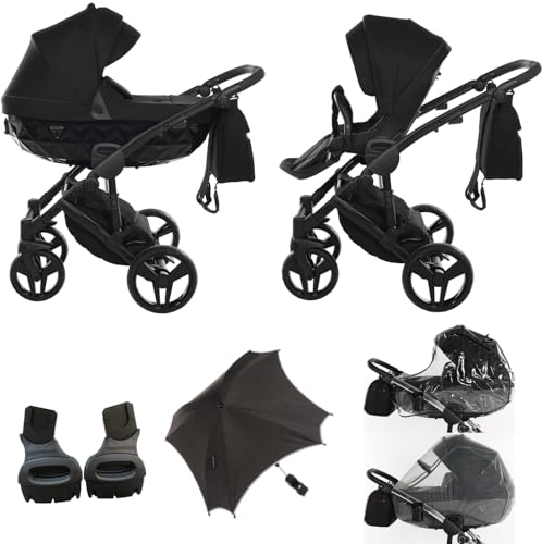 Junama Diamond Basic V3 2in1 3in1 4in1 Kinderwagen Kinderwagen Autositz ISOFIX + Regenschirm Exclusive Kinderwagen (2in1 mit Adaptern, Schwarz 01)