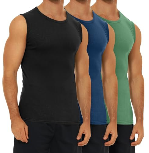 FALARY Unterhemd Herren Tank Top gekämmte Baumwolle Gym Fitness Sport Männer 3er Pack Schwarz Marine Olive Mehrfarbig L