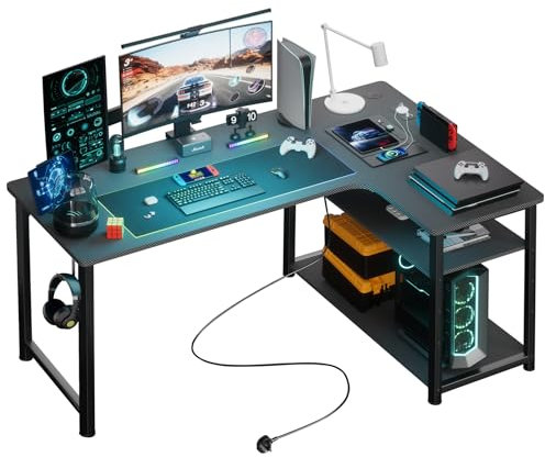 COMHOMA L Shaped Gaming Desk 110x80CM with Power Outlets Corner Computer Desk with Shelves Headphone Hook PC Table Workstation for Home Office Bedroom (Black, 110CM)