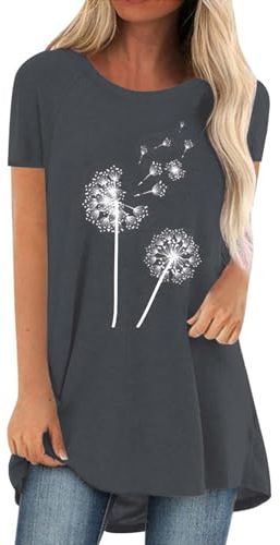 Longshirt Damen Lässig Für Leggings Kurzarm T Shirt - Rundhals Löwenzahn Lang Shirt, Oversize Einfarbig Basic Shirt Long Bluse Tops Mode Casual Longbluse Sommer Locker Tee Shirt