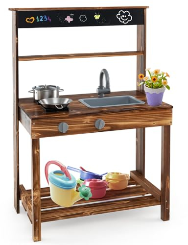 HOMASIS Juguete de Cocina para niños de Madera de Abeto, Cocina Exterior para niños con Pizarra/Fregadero/Cubiertos/macetas, Regalo para niños a Partir de 3 años, 65 x 40 x 96 cm, marrón