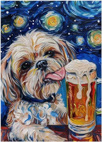 Starry Night Shih Tsz Drinking Beer Jigsaw Puzzle 300/500/1000 Piece - Decoration Gift for Beer Lover (300pc (28×40cm))