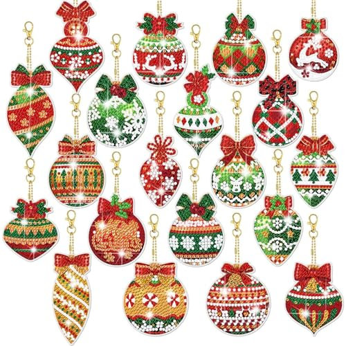 Satiskid 20 PCS Christmas Diamond Painting Keychains, Double Sided Diamond Art Keychain, 5D DIY Colorful Christmas Ball Painting Key Ring Pendant, Xmas Key Pendant Kits for Kids Adults