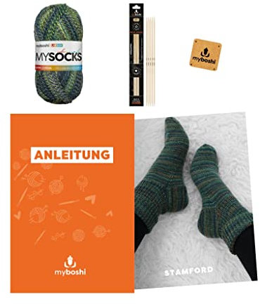 myboshi Strickset Socken Stamford, inkl. mysocks, 4-fädige Sockenwolle, Nadelspiel, Anleitung Label, 75% Schurwolle, 25% Polyamid Grün (Larsen) mit Nadelspiel