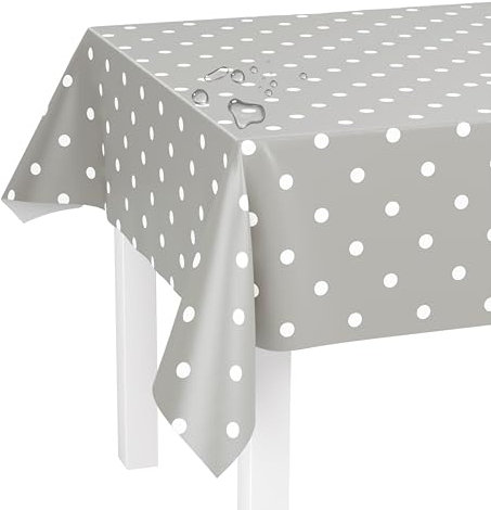 LILENO HOME Tischdecke abwaschbar als Meterware 220x140cm (Schnittkante) in Punkte grau Motiv - Wachstuchtischdecke wasserabweisend ideal als Tischtuch o. Tischläufer für Bierzeltgarnitur