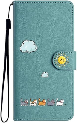 Nbziyoo Lovely Cats Phone Case for iPhone 15 Pro Max,Cute Cats/Sun Flip Wallet Case with Card Slots, Premium Magnetic PU Leather Cover for iPhone 15 Pro Max,Green