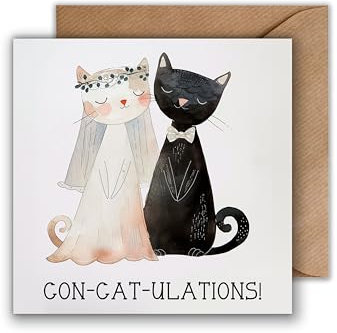 WBdesignz Hochzeit Glückwunsch Karte mit Umschlag - Geschenkkarte zum Hochzeitstag schwarze und weiße Katzen Con-Cat-Ulations! Glückwunschkarte zum Hochzeitstag Liebe Ehe Ehepaar (125 x 125 mm)