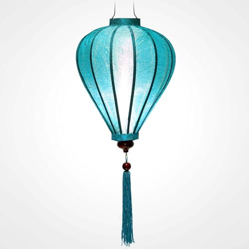 Asiatischer Lampion aus Seide, hellblau, M, Durchmesser 33 cm – traditionelle Laterne aus Stoff, Bambus und Holz, handgefertigt – Dekoration und Handwerk aus Vietnam (M25-BLC)