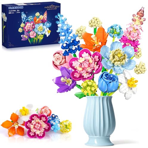 PLAXSOON Blume Bausteine für Erwachsene, Botanical Kollektion Bauspielzeug, Pflanze Home Deko, Blumenstrauß Spielzeug Valentinstag Frauen Kinder Jungen Mädchen 8-12+