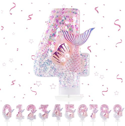 Geburtstagskerzen Zahlen 4,3D Meerjungfrau Geburtstagskerzen,Rosa Geburtstag Kerzen 4, Kuchen Topper Dekoration Kuchendeko Geburtstag, Geburtstagskerzen für Geburtstagsdeko