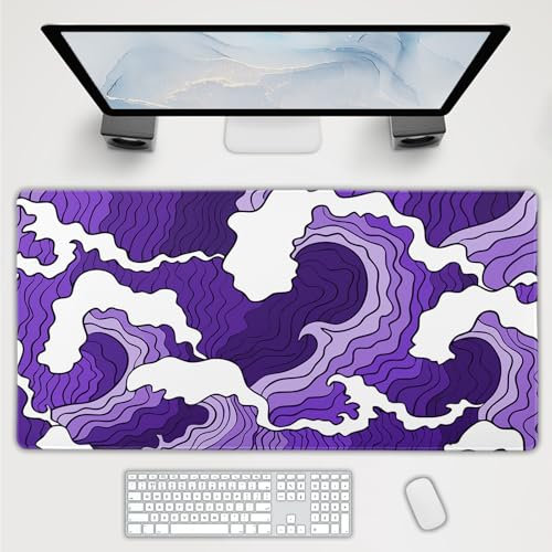 Japanese Purple White Wave Gaming Mouse Pad 3XL Cartoon Sea Texture Extended Large Desk Cover Big Table Mat Non-Slip Rubber Base Stitched Edge Long Keyboard Playmat Office,47.2x23.6 in,120x60cm