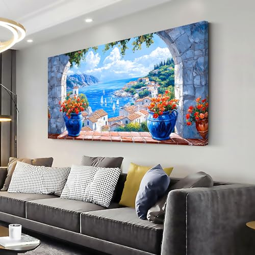 LAVIKARS Seascape Wall Art Navy blue Oil Painting Reproduction Print Modern window view Canvas Paintings Artwork Landscape Picture for Living Room Bedroom Home Kitchen Decor (20x40inch)