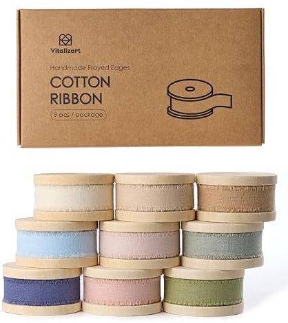 Vitalizart Baumwollband 9 Farben 1,6 cm x 57,6 m (9 Rollen*6,4 m), Handgefertigte Fransen Naturstoff Bänder für Hochzeit Einladungen Brautsträuße Geschenkverpackung Urlaub Dekoration