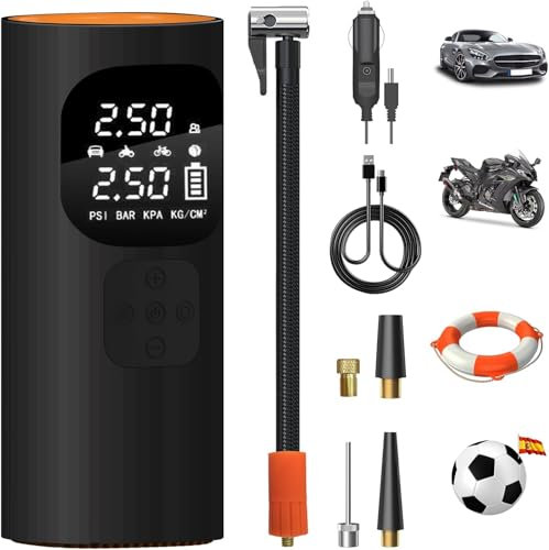 Hexinex 10000mAh Compresor Aire Portatil 150PSI &Power Bank, Inflador Ruedas Coche Cableado o Inalámbrico con Pantalla LCD Digital y LED SOS, Bomba de Aire Bicicletas, Scooters, Moto, Coche, Pelotas