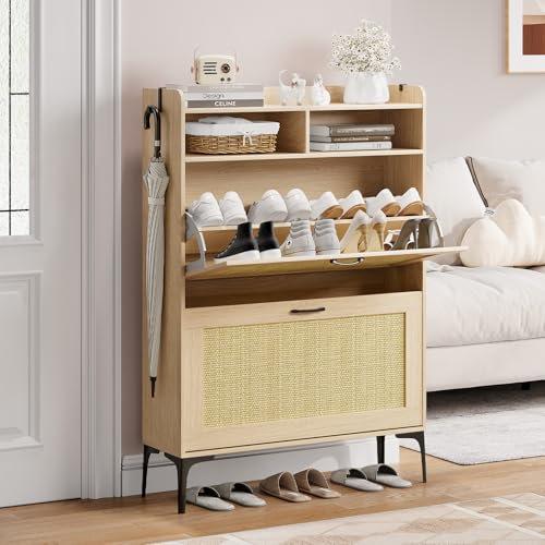 Dripex Shoe Cabinet, with 2 Open Compartment, 2 Flip Drawers, Adjustable and Removable Divider, Metal Flip Stand & Support Feet, Shoe Storage Cabinet For Hallway (Rattan Oak, 80cm width)