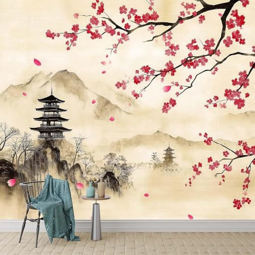 Papier Peint Montagne 3D Auto Adhesif Panoramique Mural Fleurs de Cerisier Japonais Papier Peint en Soie Poster XXL Décoration Murale Salon Chambre 350x250 cm A-2078