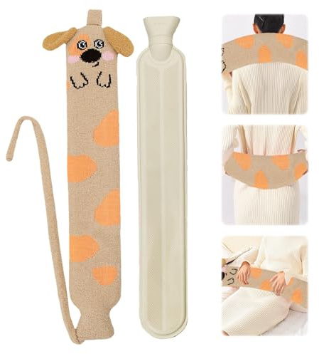 Lvjkes Wärmflasche Lang, Nackenwärmflasche, 2 Liter 72x12 cm Gummi-wärmflasche mit bezug, Zur Reinigung Abnehmbar, für Erwärmen und Kühlen von Nacken, Schultern, Bauch und Rücken (Gelb/Welpe)