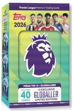 Topps Premier League 2026 - Debut Edition - Mega Tin (Globallers). Contains 40 cards plus 3 Globallers LE cards.