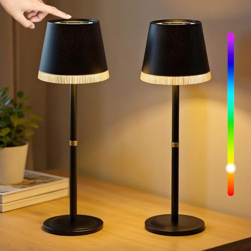 OUTON 2 Pezzi Lampada da Tavolo Senza Fili con 3 Modalità, Nero | Colore e Luce RGB, Lampada LED Ricaricabile con Touch, Dimmerabile, Memoria, Impermeabile IP54 per Camera da Letto
