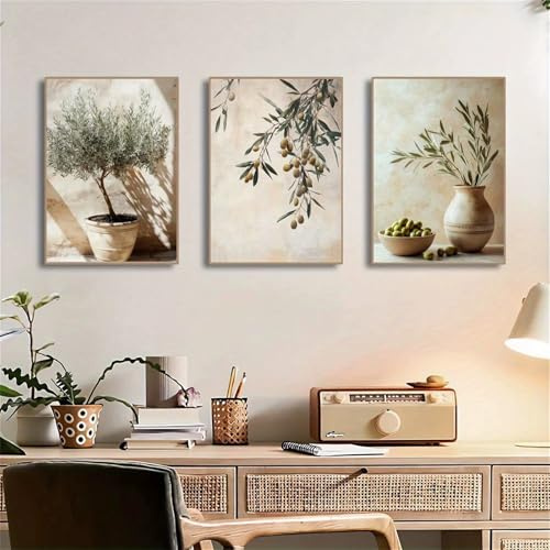 Generisch 3er Olivenbaum Poster Set,Aesthetic Olivenbaum Poster Vintage Topfpflanze Bild, Mediterrane Pflanzen Bilder, für Wohnzimmer & Schlafzimmer, ohne Rahmen (50×70cm)
