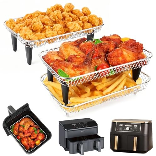 BYKITCHEN Groß Airfryer Zubehör für Ninja Foodi Max Dual Zone [AF400EU] 9,5L & Cosori Heißluftfritteuse 2 Kammern 8.5L,Stapelbare Körbe, Airfryer Racks/Gitter,AF400eu Zubehör,304 überzogener Edelstahl