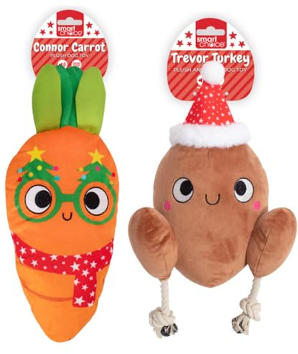 YöL Set of 2 - Turkey & Carrot Squeaky Plush Christmas Dog Toys – Festive Brown Orange Design – Soft Polyester with Internal Squeaker Crinkle Effect – Durable Chew, Tug Of War & Fetch