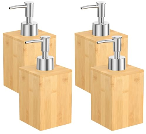 2 Stück Seifenspender Holz 250ml Spülmittelspender Holz mit Pumpspender Wiederverwendbar Seifenspender Holzoptik für Badezimmer Toilette Waschbecken Küche Schlafzimmer (4 Stück)