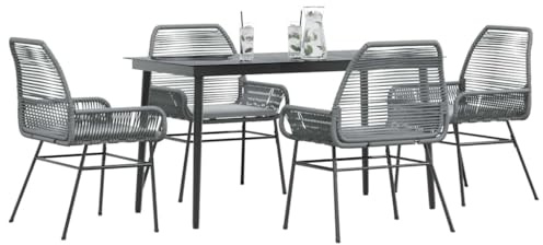 QJBSAVVA 5tlg. Rattan-Gartenmöbel-Set 140×70 cm Tisch + 4 Stühle mit Kissen, grau, Glasplatte