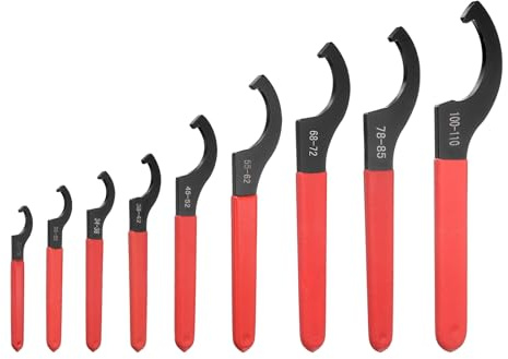 QUARKZMAN 9 Stück C Haken Maulschlüssel Set Nuss Rüttelschlüssel Stahl | 22-26/28-32/34-36/38-42/45-52/55-62/68-72/78-85/100-110, Spannfutter Nuss, Mit hellblauer Rutschfester Griff