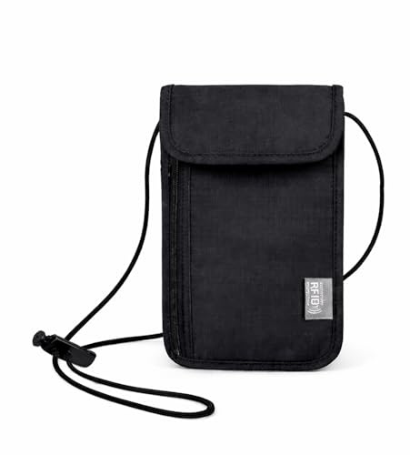 MIMOX Neck Pouch with RFID Protection Antivol Portefeuille de Voyage Unisexe Étanche Noir pour passeport, cartes de crédit, smartphone, pièces de monnaie