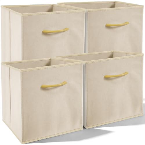 Amazing Tour 4 PCS Cube Storage Boxes 30x30x30 Beige,Foldable Fabric with Handles Collapsible for Home Office Nursery Organiser - Clothes Basket Containers